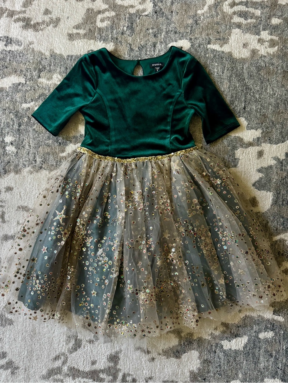 Zunie Emerald Green Velvet Dress with Gold Sequin Tulle
